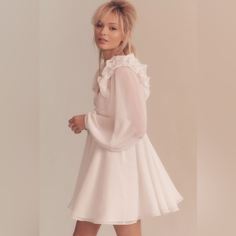 New Anthropologie BHLDN Brigitta Long-Sleeve Sweetheart Chiffon Mini Dress - Picture 2 of 5